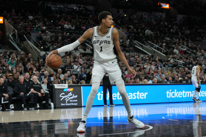 Jan 29, 2024; San Antonio, Texas, USA; San Antonio Spurs center Victor Wembanyama (1) looks down the court in the second half against the Washington Wizards at Frost Bank Center.